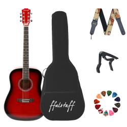 ffalstaff FG414 Chitarra Acustica con Top in Abete con Borsa,Tracolla, Capotasto e 10 Plettri (Red Brown)