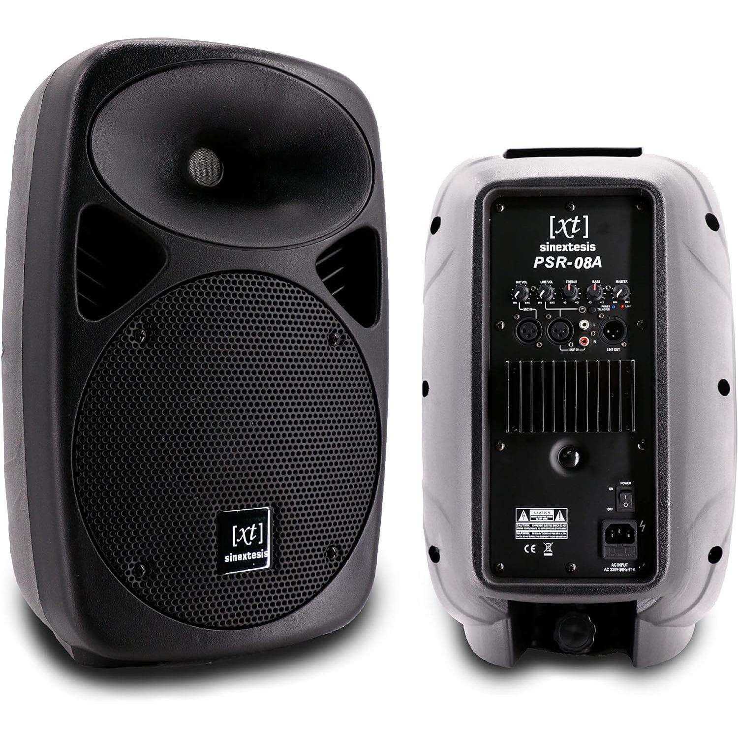 SINEXTESIS Impianto Audio Acustico con Coppia Altoparlanti Casse Attive Amplificate 400W con Woofer da 8", coppia di Stativi, 2 Cavi XLR da 5 mt.