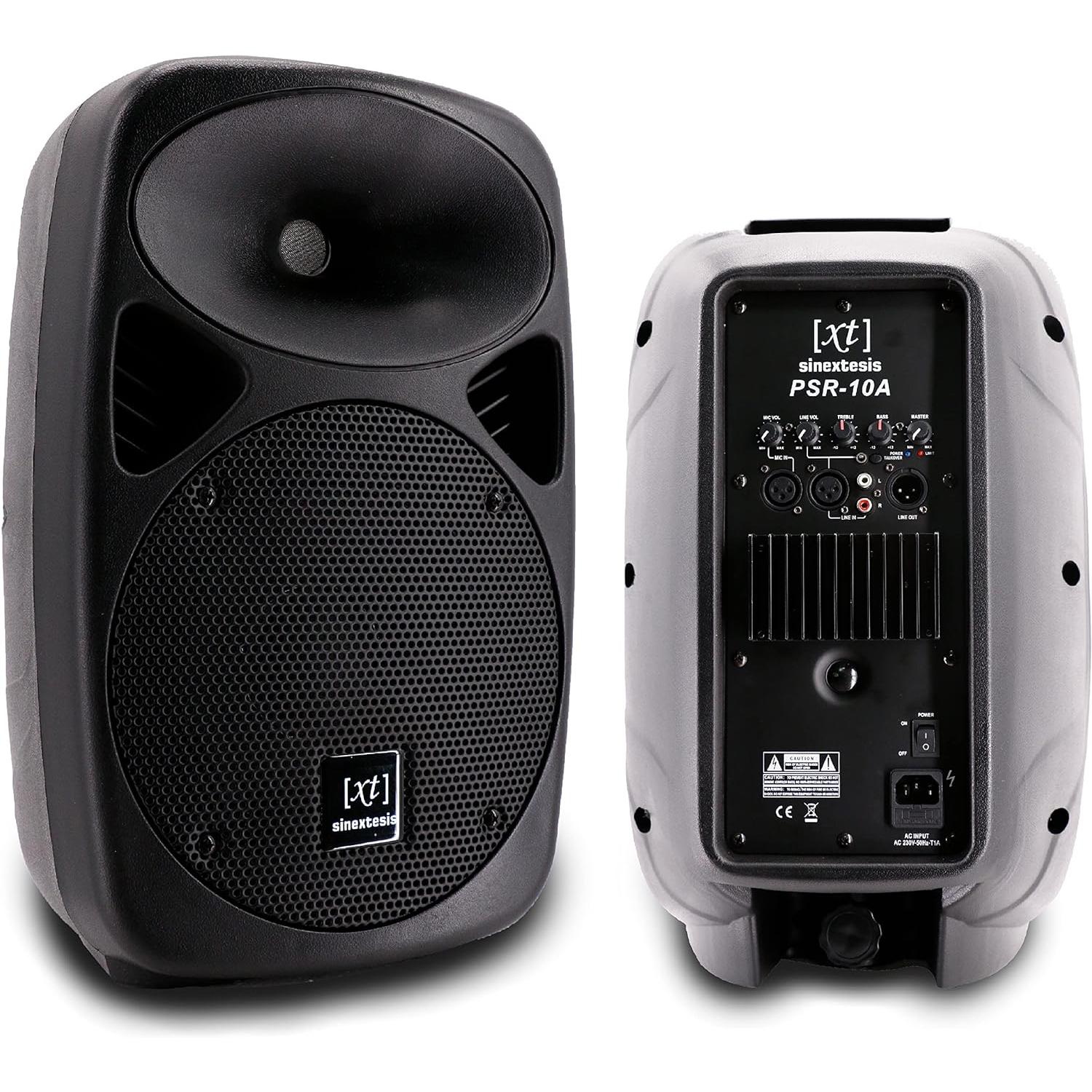 SINEXTESIS Impianto Audio Acustico con Coppia Altoparlanti Casse Attive e Amplificate 500W con Woofer da 10", Coppia di Aste stativi, 2 Cavi XLR da 5mt.