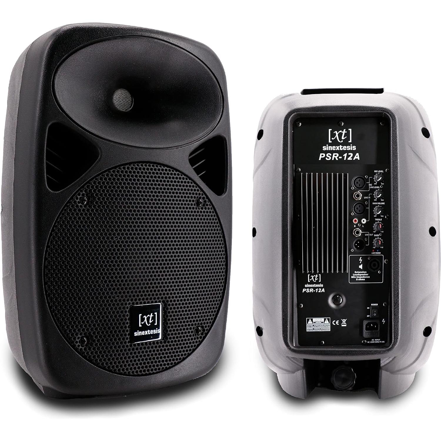 SINEXTESIS Impianto Audio formato da Coppia Altoparlanti Casse Attive Amplificate - potenza musicale 800W con Woofer da 12" con Coppia di Stativi Aste e 2 Cavi XLR da 5 mt.