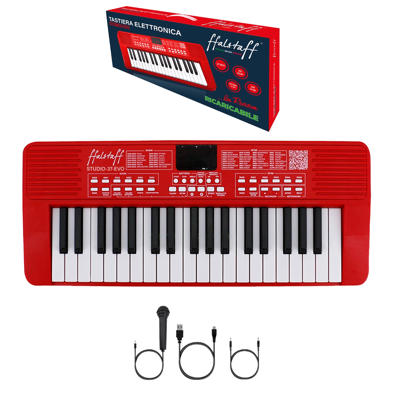 ffalstaff Tastiera elettronica ricaricabile 37 tasti per uso Scolastico "Italian Design" con 200 Suoni, 200 Ritmi, 50 Brani dimostrativi (la Rossa)
