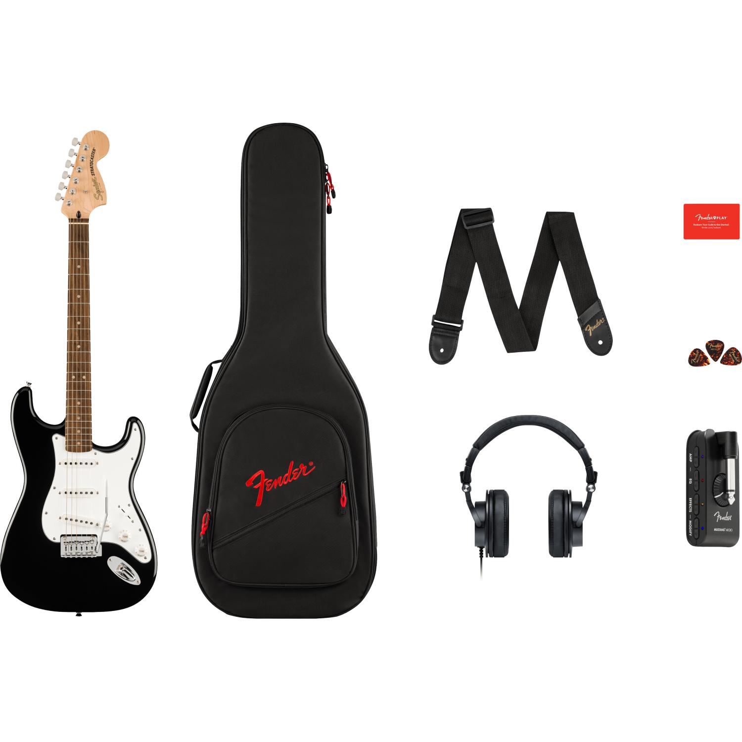 FENDER Squier Affinity Stratocaster -  Mustang Micro Pack (Chitarra + Ampli per cuffie + Cuffie + Borsa + Abbonamento per 3 mesi a Fender Play)