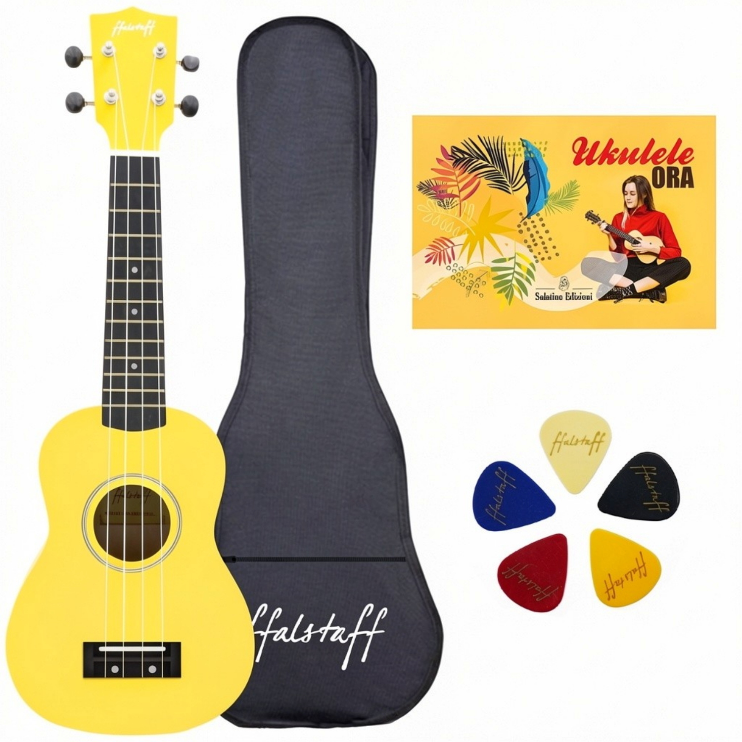ffalstaff Ukulele Soprano 21" Superior Satinato con borsa, metodo rapido e kit 5 plettri (Giallo)