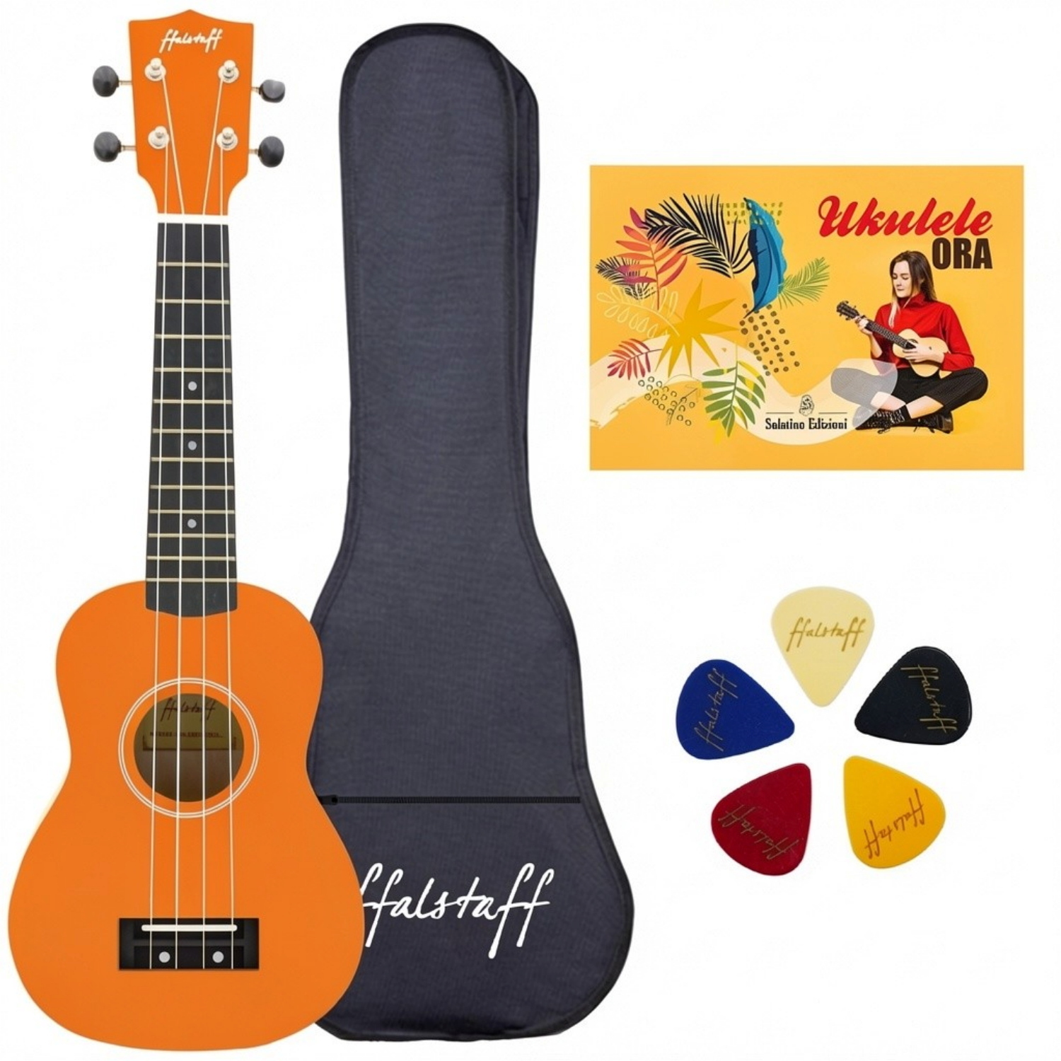 ffalstaff Ukulele Soprano 21" Superior Satinato con borsa, metodo rapido e kit 5 plettri (Arancione)