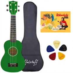 ffalstaff Ukulele Soprano 21" Superior Satinato con borsa, metodo rapido e kit 5 plettri (Verde)