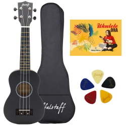 ffalstaff Ukulele Soprano 21" Superior Satinato con borsa, metodo rapido e kit 5 plettri (Nero)