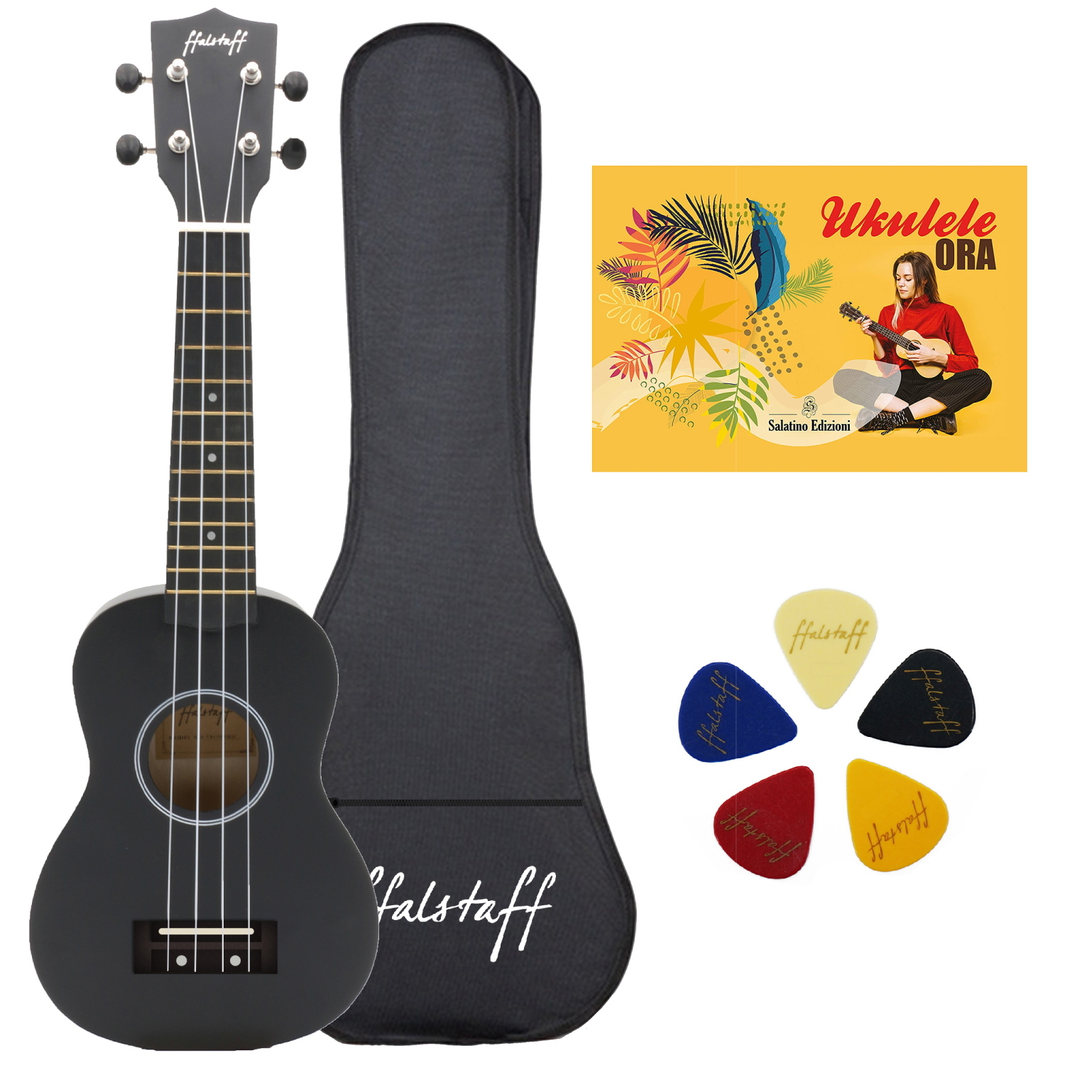 ffalstaff Ukulele Soprano 21" Superior Satinato con borsa, metodo rapido e kit 5 plettri (Nero)