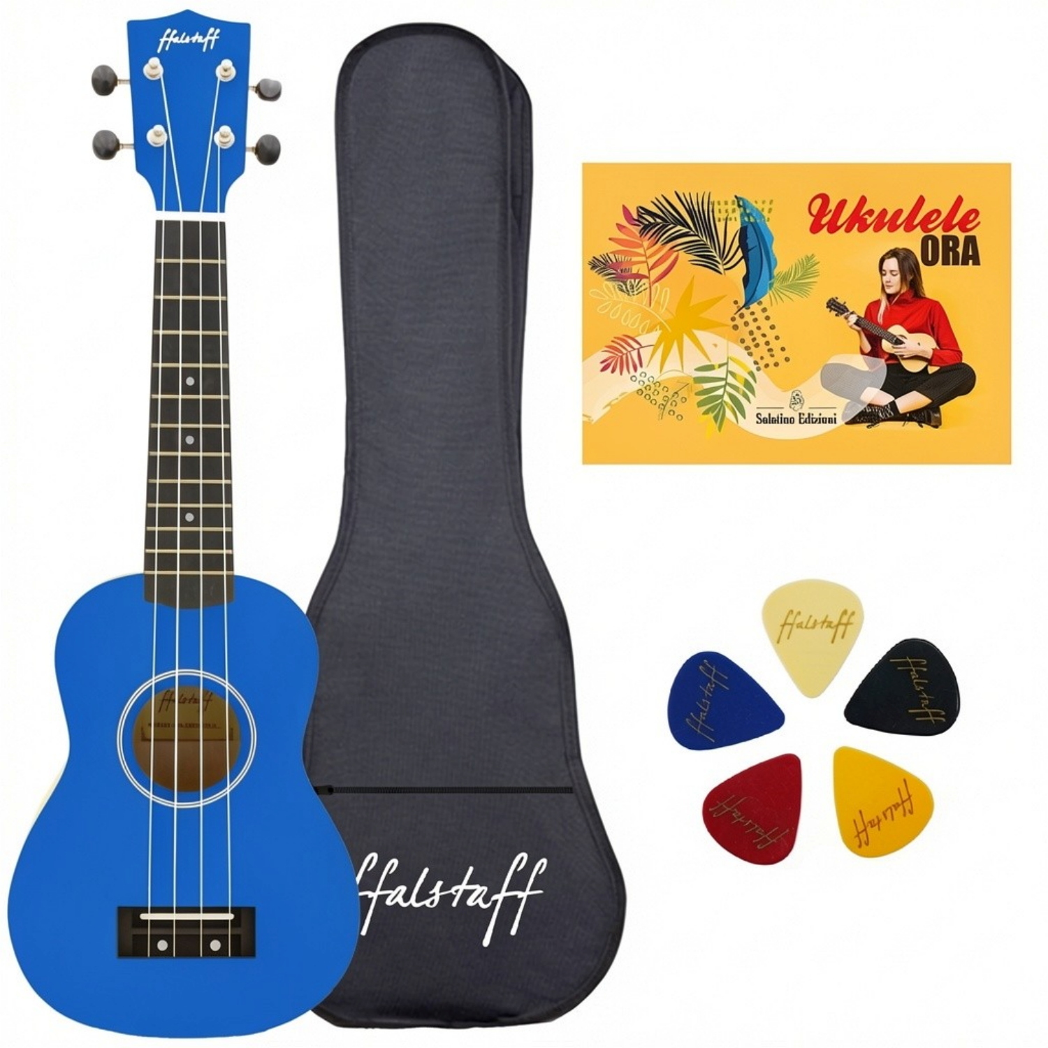 ffalstaff Ukulele Soprano 21" Superior Satinato con borsa, metodo rapido e kit 5 plettri (Blu)