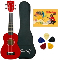 ffalstaff Ukulele Soprano 21" Superior Satinato con borsa, metodo rapido e kit 5 plettri (Rosso)