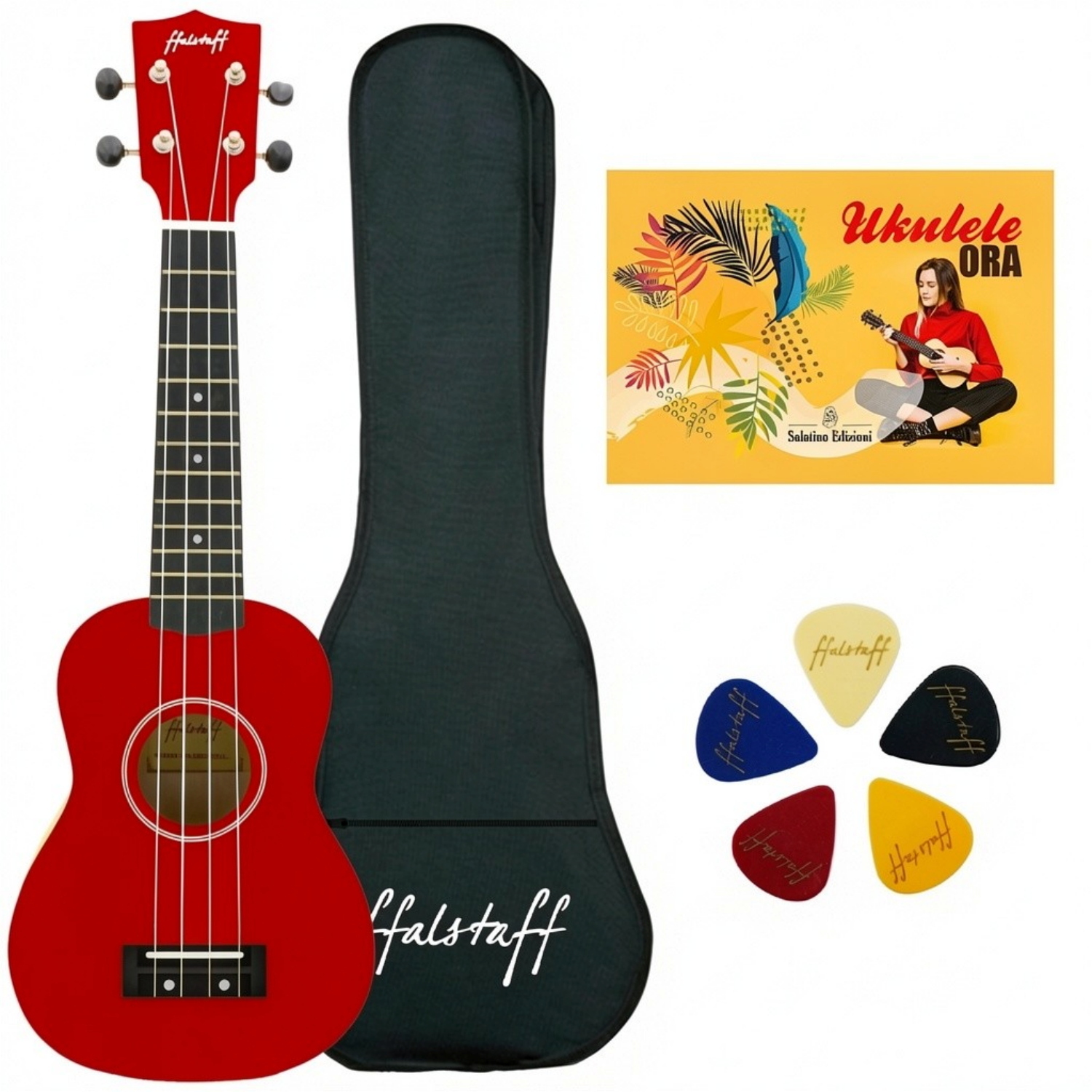 ffalstaff Ukulele Soprano 21" Superior Satinato con borsa, metodo rapido e kit 5 plettri (Rosso)