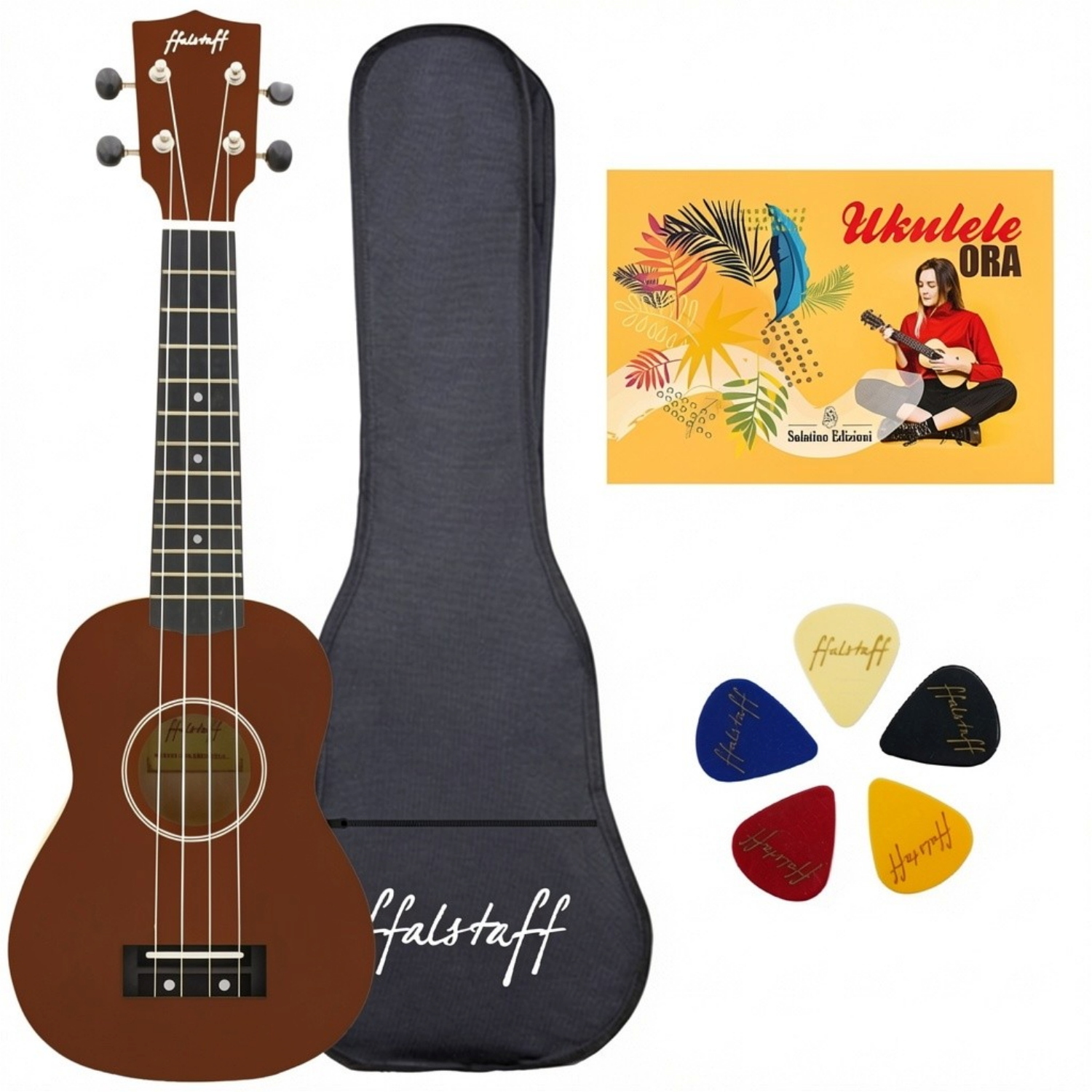 ffalstaff Ukulele Soprano 21" Superior Satinato con borsa, metodo rapido e kit 5 plettri (Natural Scuro)