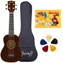 ffalstaff Ukulele Soprano 21" Superior Satinato con borsa, metodo rapido e kit 5 plettri (Marrone)