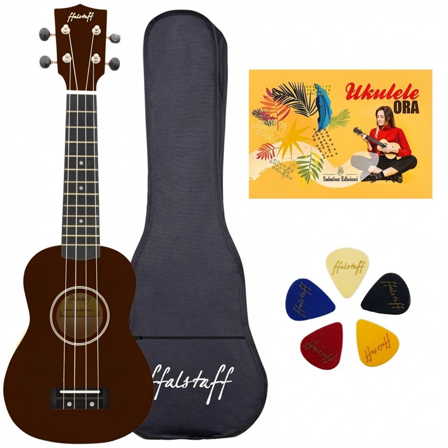ffalstaff Ukulele Soprano 21" Superior Satinato con borsa, metodo rapido e kit 5 plettri (Marrone)