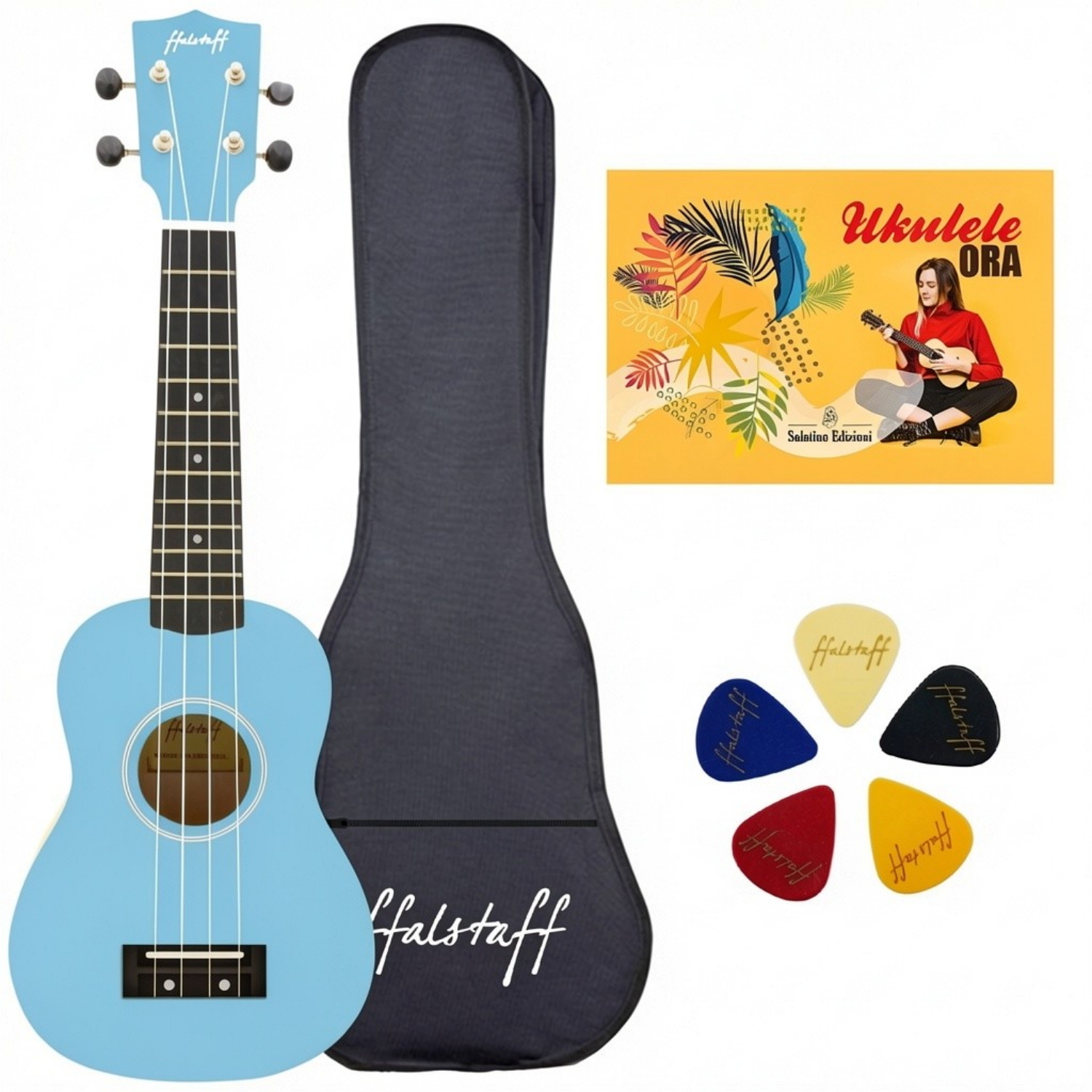 ffalstaff Ukulele Soprano 21" Superior Satinato con borsa, metodo rapido e kit 5 plettri (Celeste)