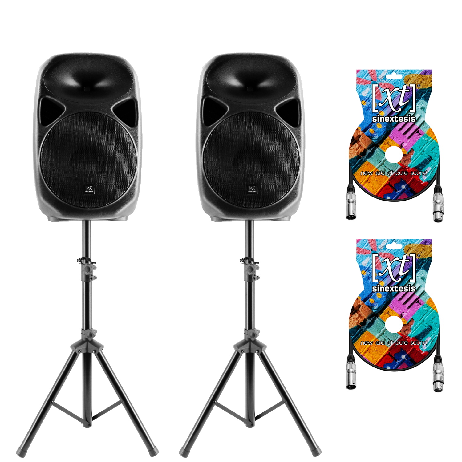 SINEXTESIS Impianto Audio Acustico con Coppia Altoparlanti Casse Attive e Amplificate 500W con Woofer da 10", Coppia di Aste stativi, 2 Cavi XLR da 5mt.