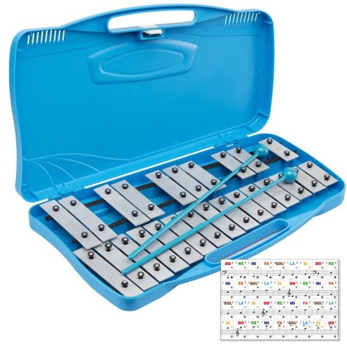 ffalstaff Metallofono Cromatico 25 Note con Piastre in Acciaio (Custodia Azzurra) con adesivi con notazione Italiana - (master carton da 10 pezzi)